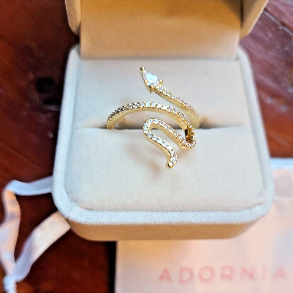 14K Gold $225 Plated Swarovski Crystal Accented Snake Ring ADORNIA Size 6